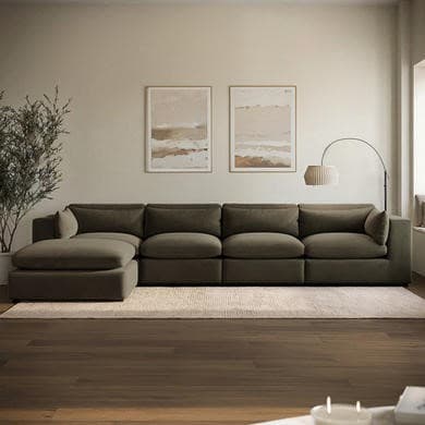 Khaki Green Velvet 5 Seater L-Shape Corner Sofa with Reversible Chaise - Hudson