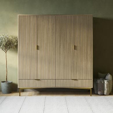 Light Oak Ribbed 4 Door Wardrobe with 2 Drawers - Valencia