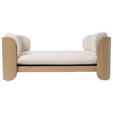Large Beige Fabric Pet Bed with Oak Ribbed Sides - Washable Cover