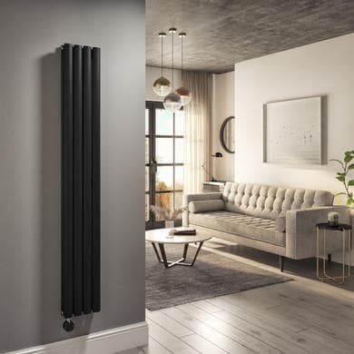 Refurbished Midnight Black Electric Vertical Designer Radiator 1.2kW with Wifi Thermostat - Double Panel H1600xW236mm - IPX4 Bathroom Safe