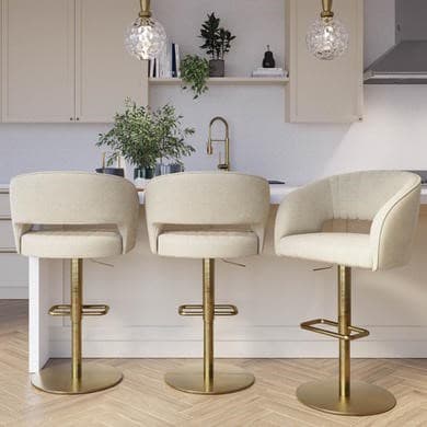 Set Of 3 Curved Beige Upholstered Adjustable Swivel Bar Stools with Gold Base - Runa