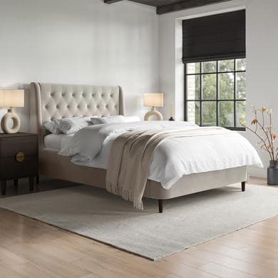 Beige - Upholstered End-Lift Chesterfield Ottoman Storage Bed with Legs - Amara