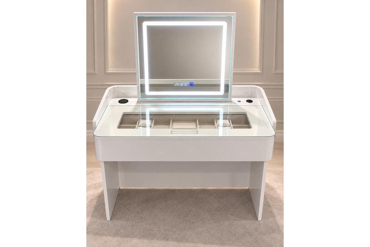 Glamour Elevate Station 1m Curve Vanity Table | Solid Wood & Tempered Glass | White