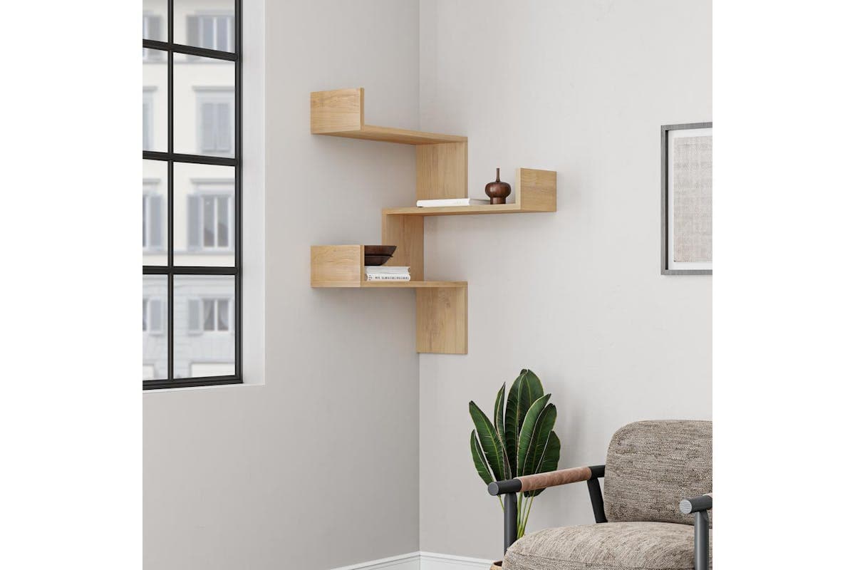 Decortie Luksa Corner Wall Shelf Bookcase | Zigzag Design | Oak | 90x60x22cm