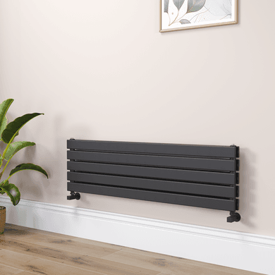 Riace Linea Midnight Black Flat Designer Radiator 350x1200mm Double Panel 2437 BTU - Horizontal Bars