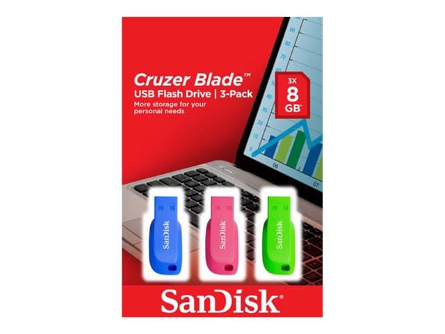 SANDISK - Cruzer Blade - USB flash drive - 32 GB - USB 2.0 - blue, green, pink (pack of 3)