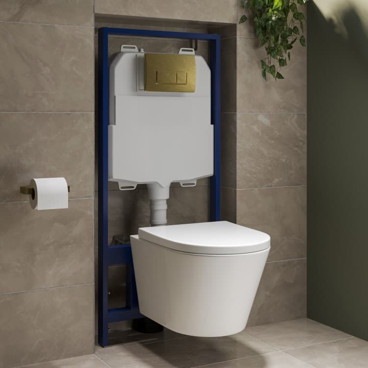 Wall Hung Rimless Toilet with Soft Close Seat, Brushed Brass Pneumatic Flush Plate, 1168mm Frame & Cistern – Newport