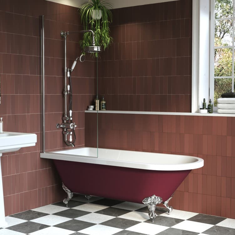 Burgundy Freestanding Single Ended Shower Bath with Chrome Screen & Feet 1670 x 740mm - Park Royal