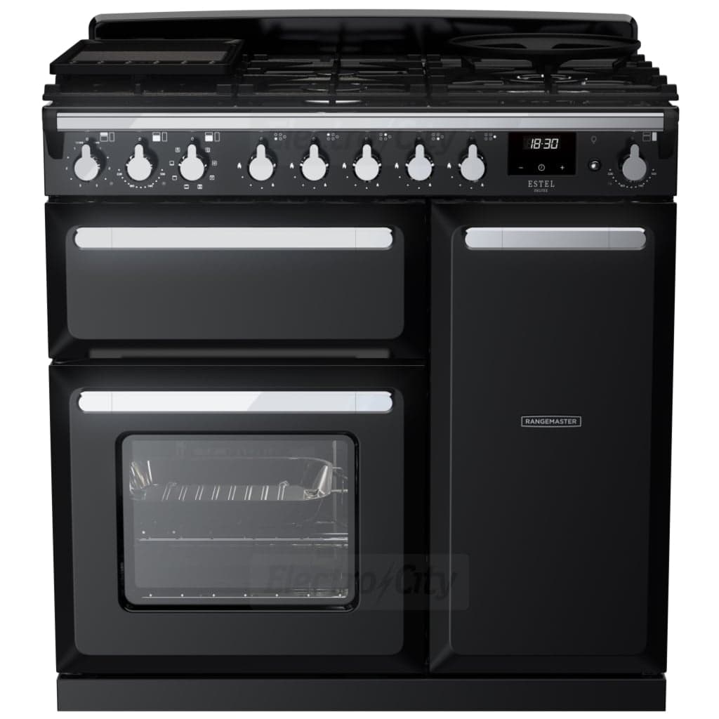 Rangemaster Estel Deluxe 90cm Dual Fuel Range Cooker | Black with Chrome Trim