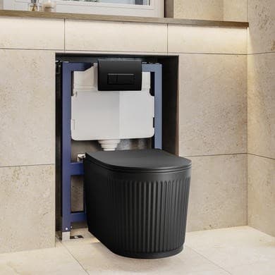 Matt Black Fluted Wall Hung Rimless Toilet with Soft Close Seat, Matt Black Pneumatic Flush Plate, 820mm Frame & Cistern – Oregon