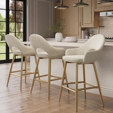 Set of 3 Gold and Beige Upholstered Kitchen Stools with Back - Colbie