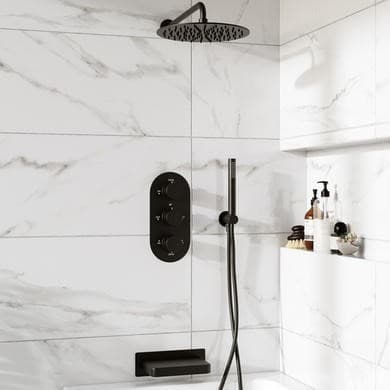 Black 3 Outlet Wall Mounted Thermostatic Mixer Shower Set With Hand Shower and Bath Filler Spout - Arissa