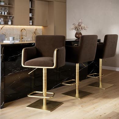 Set of 3 Brown Velvet Adjustable Swivel Bar Stools with Gold Base - Sonny