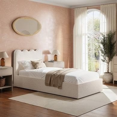 Off-White Boucle Ottoman Bed with Scalloped Headboard - Boba