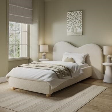 Cream - Fabric Single Ottoman Bed with Wide Curved Headboard - Aria