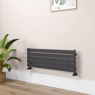 Riace Linea Midnight Black Flat Designer Radiator 350x1000mm Single Panel 1352 BTU - Horizontal Bars
