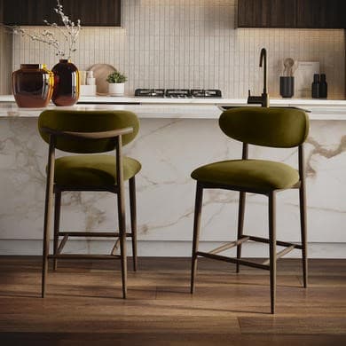 Set of 2 Walnut and Olive Green Upholstered Curved Kitchen Stools with Solid Wood Open Back - Kori