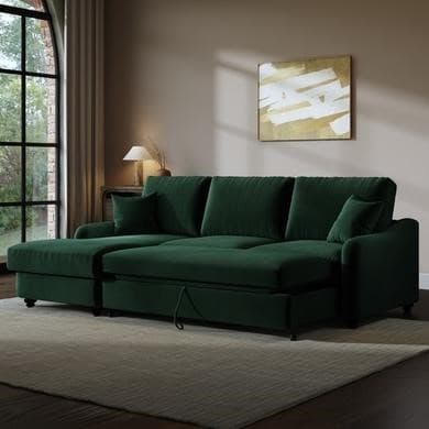4 Seater Pull-Out Chaise Corner Sofa Bed with Storage in Dark Green Velvet - Quinn