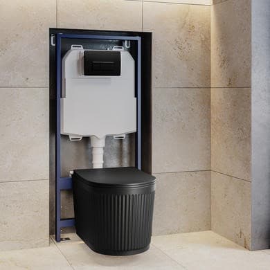 Matt Black Fluted Wall Hung Rimless Toilet with Soft Close Seat, Matt Black Pneumatic Flush Plate, 1168mm Frame & Cistern – Oregon