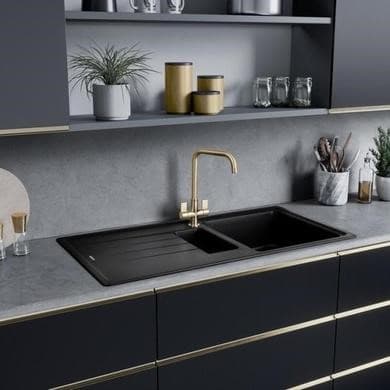 Rangemaster Elements 1.5 Bowl Inset Black Granite Kitchen Sink with Reversible Drainer