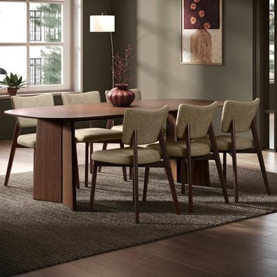 Walnut Dining Table Set with 6 Beige Faux Leather Curved Back Dining Chairs - Seats 6 - Rivo