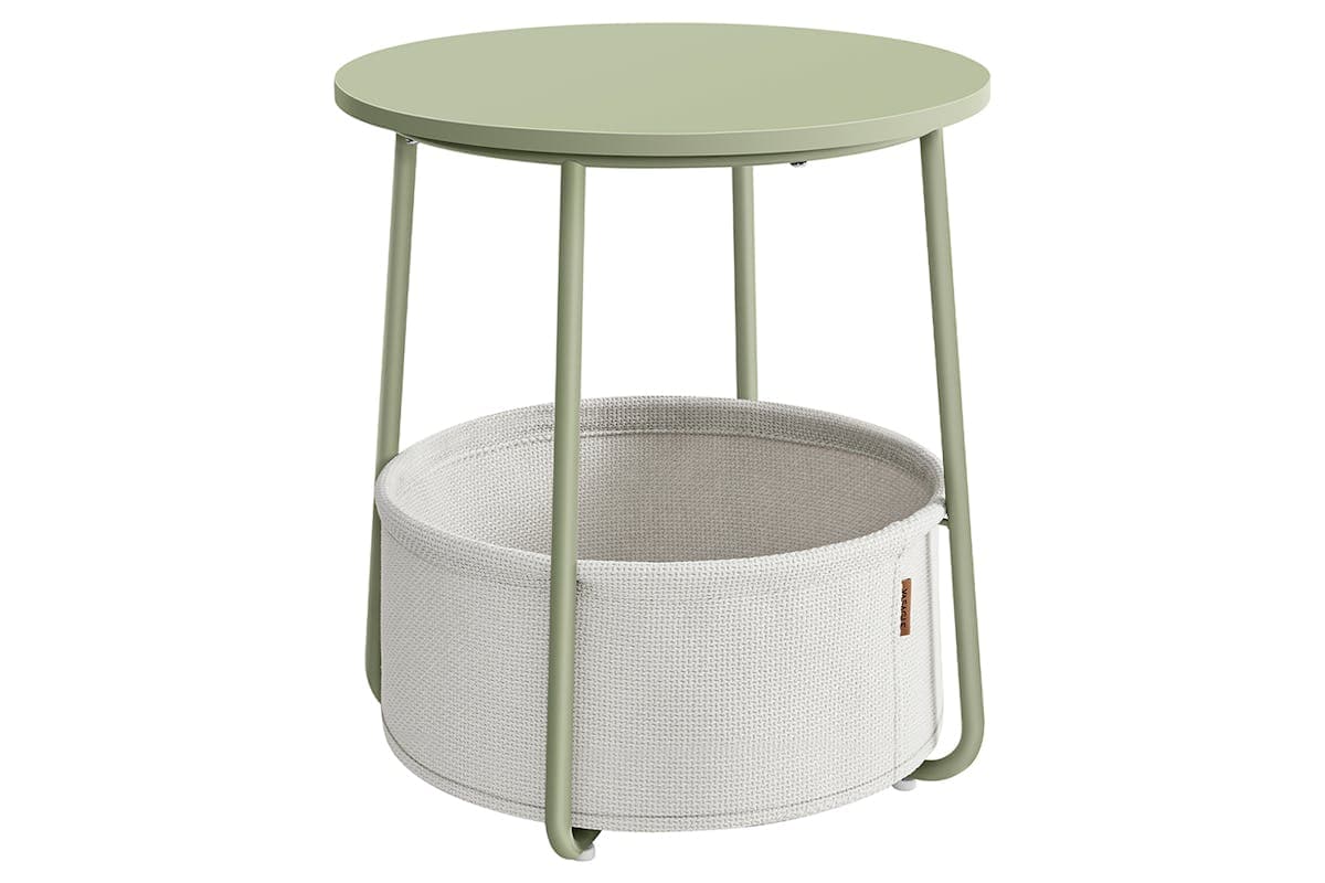 Vasagle Round Side Table Nightstand with Fabric Basket | Laurel Green/Cream White