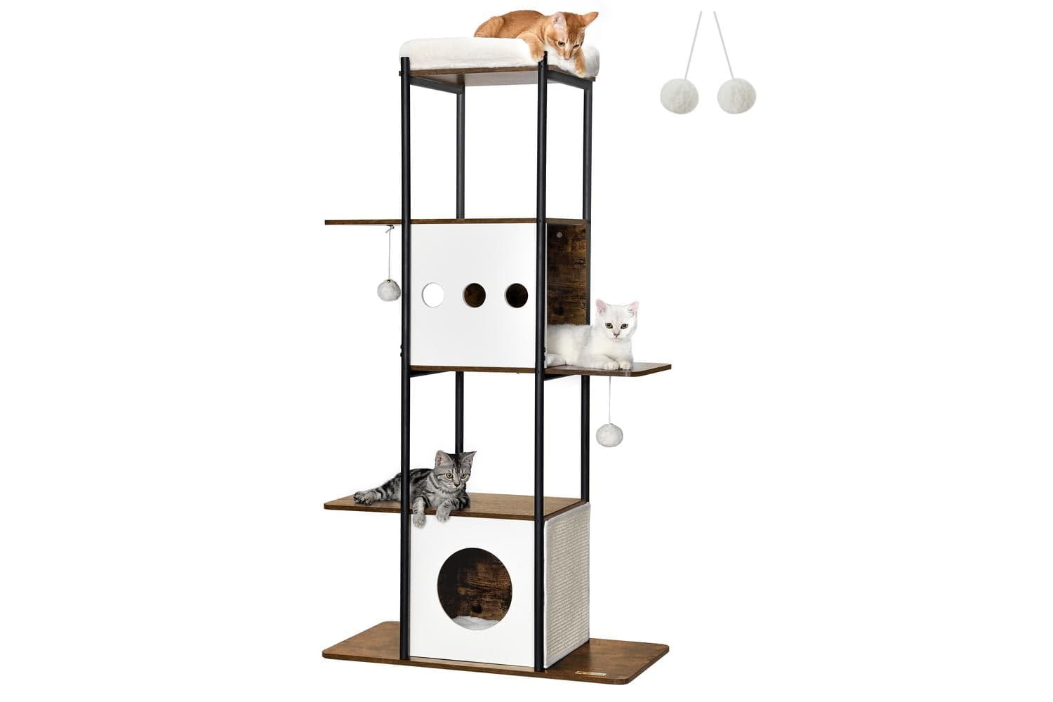 Multi-level Cat Tree With 2 Condos | Cat Play Tower | Plush & Sisal | 31.5 X 15.7 X 60.2 Inches | Tan And White