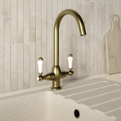 Brass Traditional Monobloc Kitchen Mixer Tap with Dual White Levers - Enza Evelyn