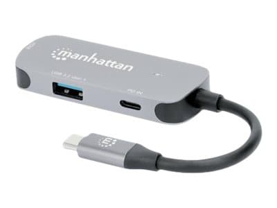 MANHATTAN - USB-C Dock/Hub, Ports (x3):  HDMI, USB-A and USB-C, With Power Delivery (100W) to USB-C Port (Note add USB-C wall charger and USB-C cable needed), All Ports can be used at the same time, Aluminium, Space Grey,
