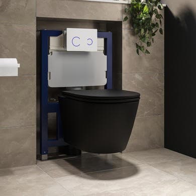Matt Black Wall Hung Rimless Toilet with Soft Close Seat, White Glass Sensor  Flush Plate, 820mm Frame & Cistern – Newport