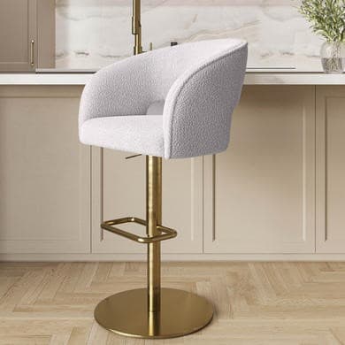 Beige Boucle and Gold - Curved Back Adjustable Swivel Bar Stools with Gold Base  - Runa