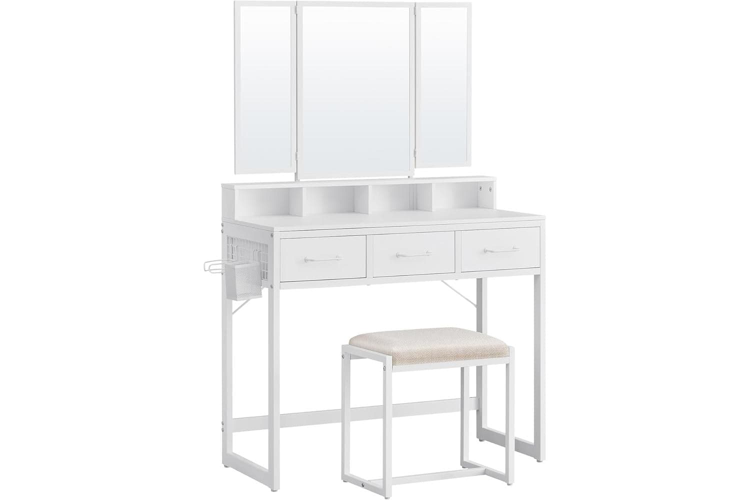Vasagle Dressing Table With Padded Stool | Vanity Table With Triple Mirror | White