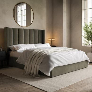 Khaki - Velvet End-Lift Ottoman Storage Bed with Winged Headboard - Maddox