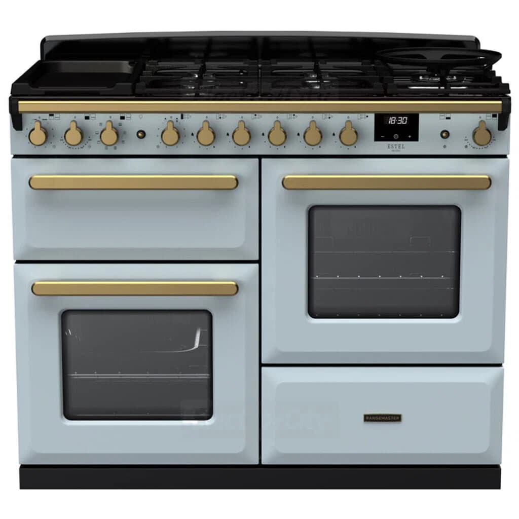 Rangemaster Estel Deluxe 110cm Dual Fuel Range Cooker | Misty Blue with Brass Trim