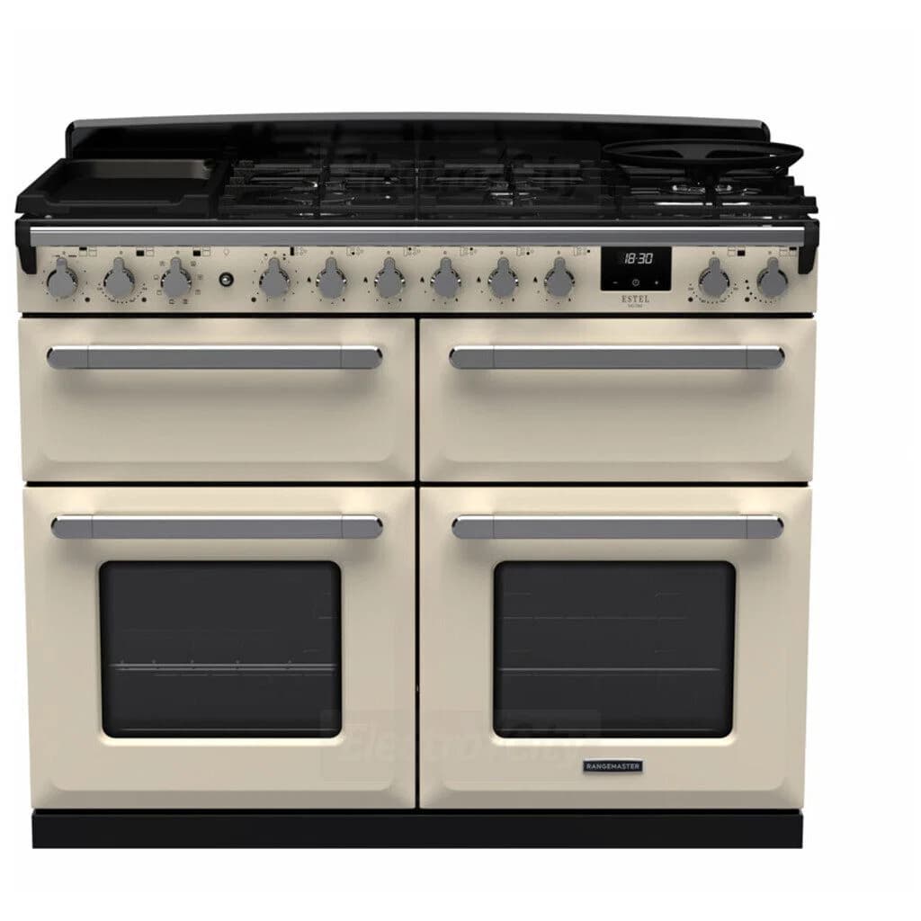 Rangemaster Estel Deluxe 110cm Dual Fuel Range Cooker with Slow Cook Oven | Pale Cream with Chrome Trim