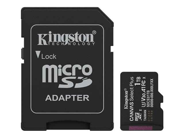KINGSTON - Canvas Select Plus - Flash memory card (SD adapter included) - 1 TB - A1 / Video Class V30 / UHS-I U3 / Class10 - microSDXC UHS-I