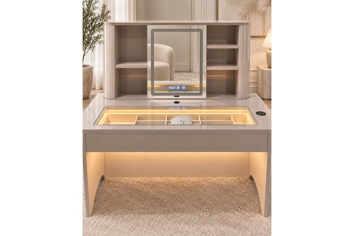 Glamour Elevate Station 1.2m Vanity Table | Solid Wood & Tempered Glass | Beige