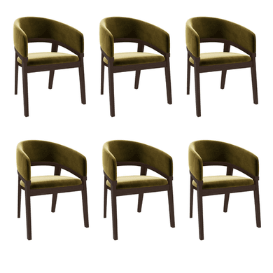 Set of 6 Walnut & Olive Green Velvet Curved Dining Chairs - Owen