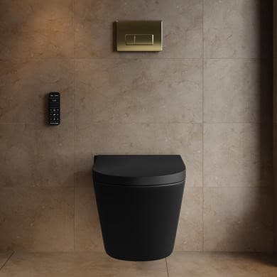 Matt Black Wall Hung Smart Bidet Japanese Toilet & 1160mm Frame Cistern with Brushed Brass Pneumatic Flush Plate - Purificare