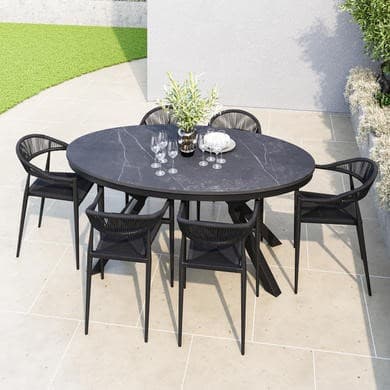 6 Seater Black Wicker Oval Garden Dining Set with Sintered Stone Table