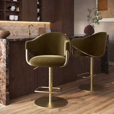 Set of 2 Olive Green Velvet Adjustable Swivel Bar Stools with Gold Base - Ronnie