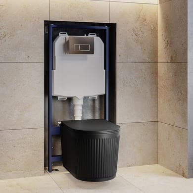 Matt Black Fluted Wall Hung Rimless Toilet with Soft Close Seat, Chrome Pneumatic Flush Plate, 1168mm Frame & Cistern – Oregon