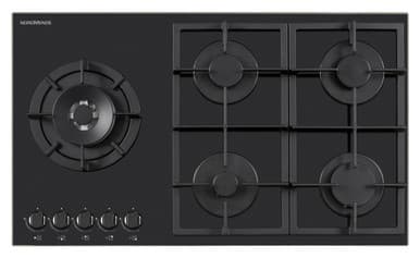 NordMende 90cm 5 x Burner Gas Hob 1 x Side Wok Burner Cast Iron Pan Supports - Black Glass | HGX904BGL
