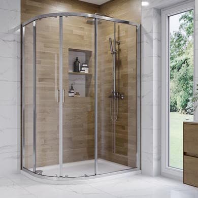 900x760mm Chrome 6mm Glass Left Hand Offset Quadrant Shower Enclosure with Shower Tray - Carina
