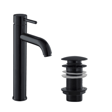 Shiny Black Tall Basin Mixer Tap & Unslotted Basin Waste - Arissa