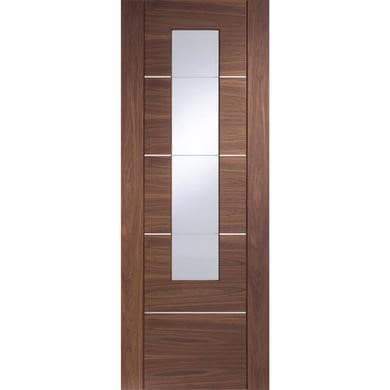 Internal Walnut Glazed Door with Clear Etched Glass and Aluminium Detail - Pre-Finished - 1981 x 686 x 35mm - Portici - XL Joinery