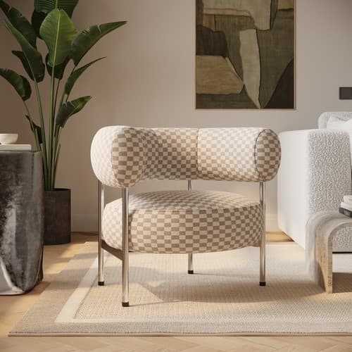 Beige Checkerboard Curved Armchair - Romy
