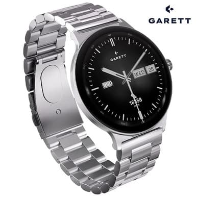 Garett QUANTUM Smartwatch | SILVER STEEL 
(with Additional Brown Leather Quick Release Strap)