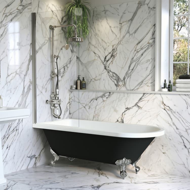 Black Freestanding Single Ended Shower Bath with Chrome Screen & Feet 1670 x 740 mm - Park Royal