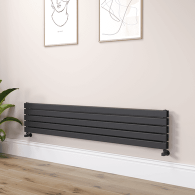 Riace Linea Midnight Black Flat Designer Radiator 350x1800mm Double Panel 3474 BTU - Horizontal Bars